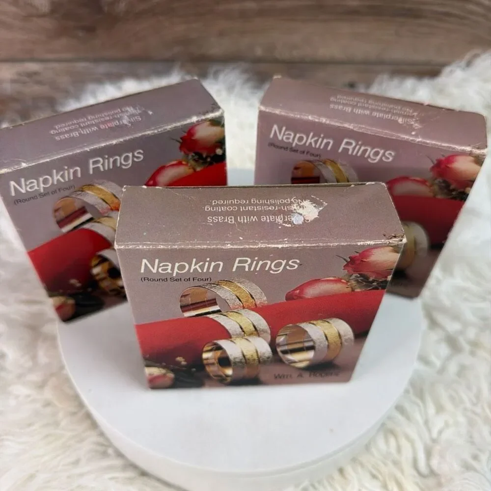 Vintage Set of New 8 William Wm A Rogers Oneida Silverplated Brass Napkin Rings